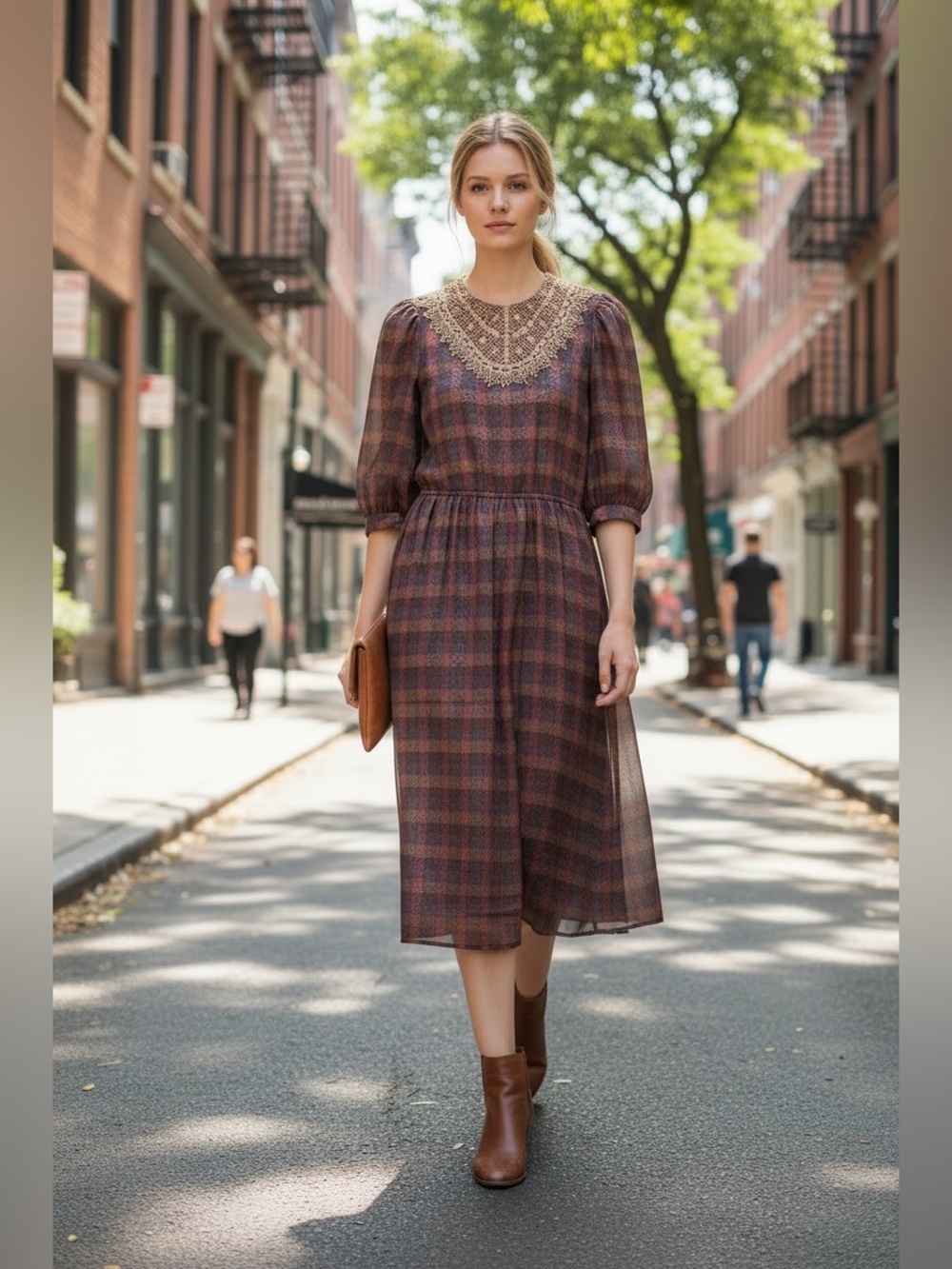 Vtg 80s La Petite Connection Brown Plaid Crochet Collar Dress Sz 12 Lg Academia